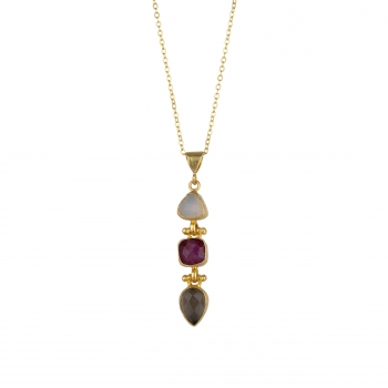 Necklace made from brass, goldplated, Chalcedony, Ruby, Smoky Quartz